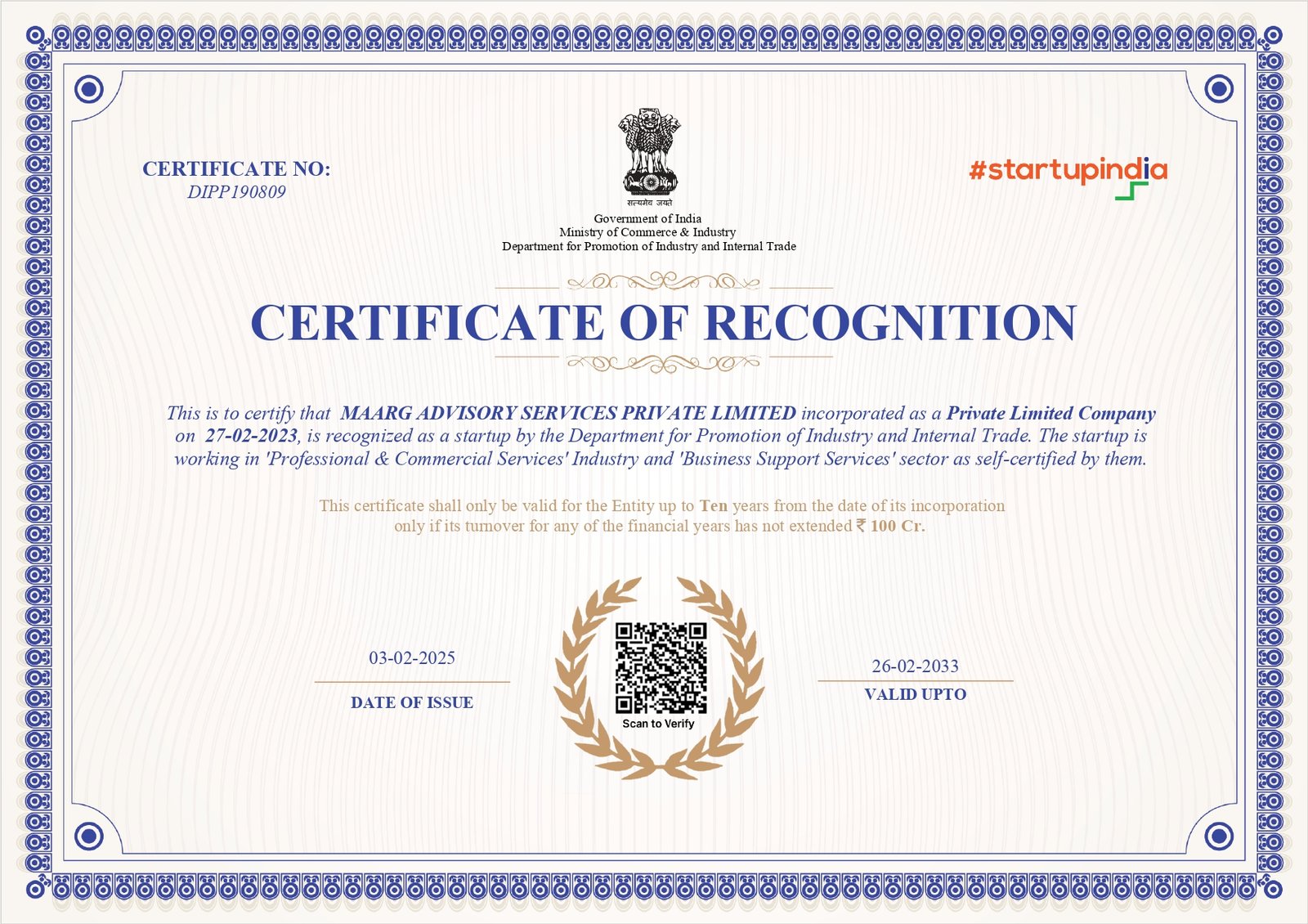 Recognised Startup certificate issued by DPIIT, Ministry of Commerce & Industry