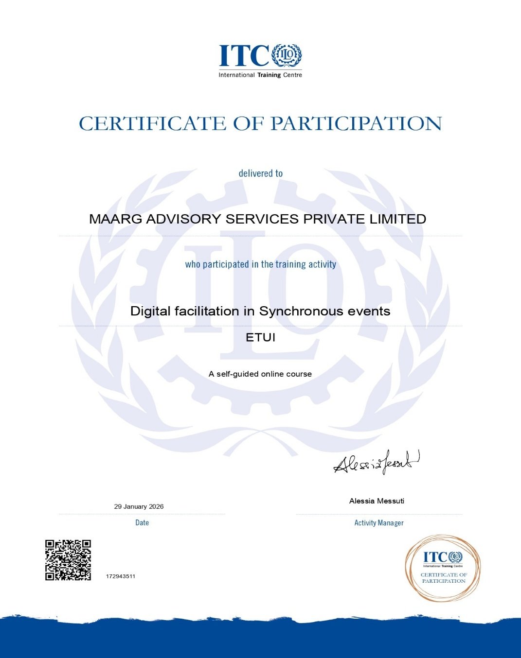Digital Facilitation in Synchronous Events certificate issued by ITC / ILO