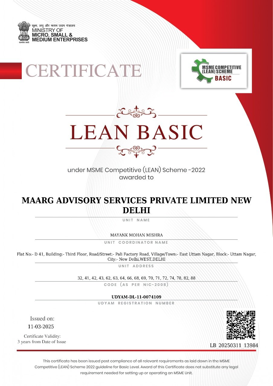 MSME Competitive (LEAN) Scheme certificate issued by Ministry of MSME