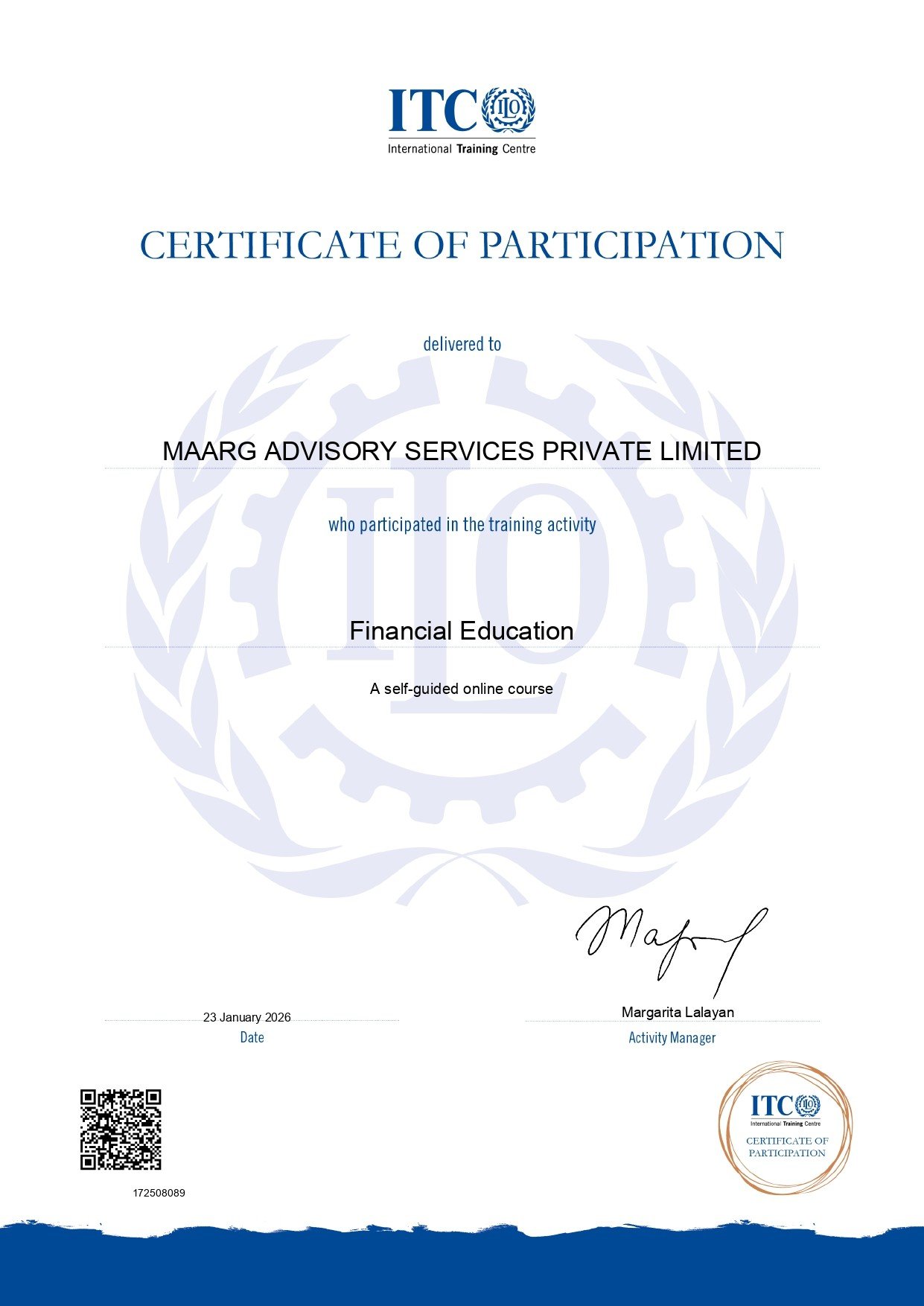 Financial Education certificate issued by ITC / ILO