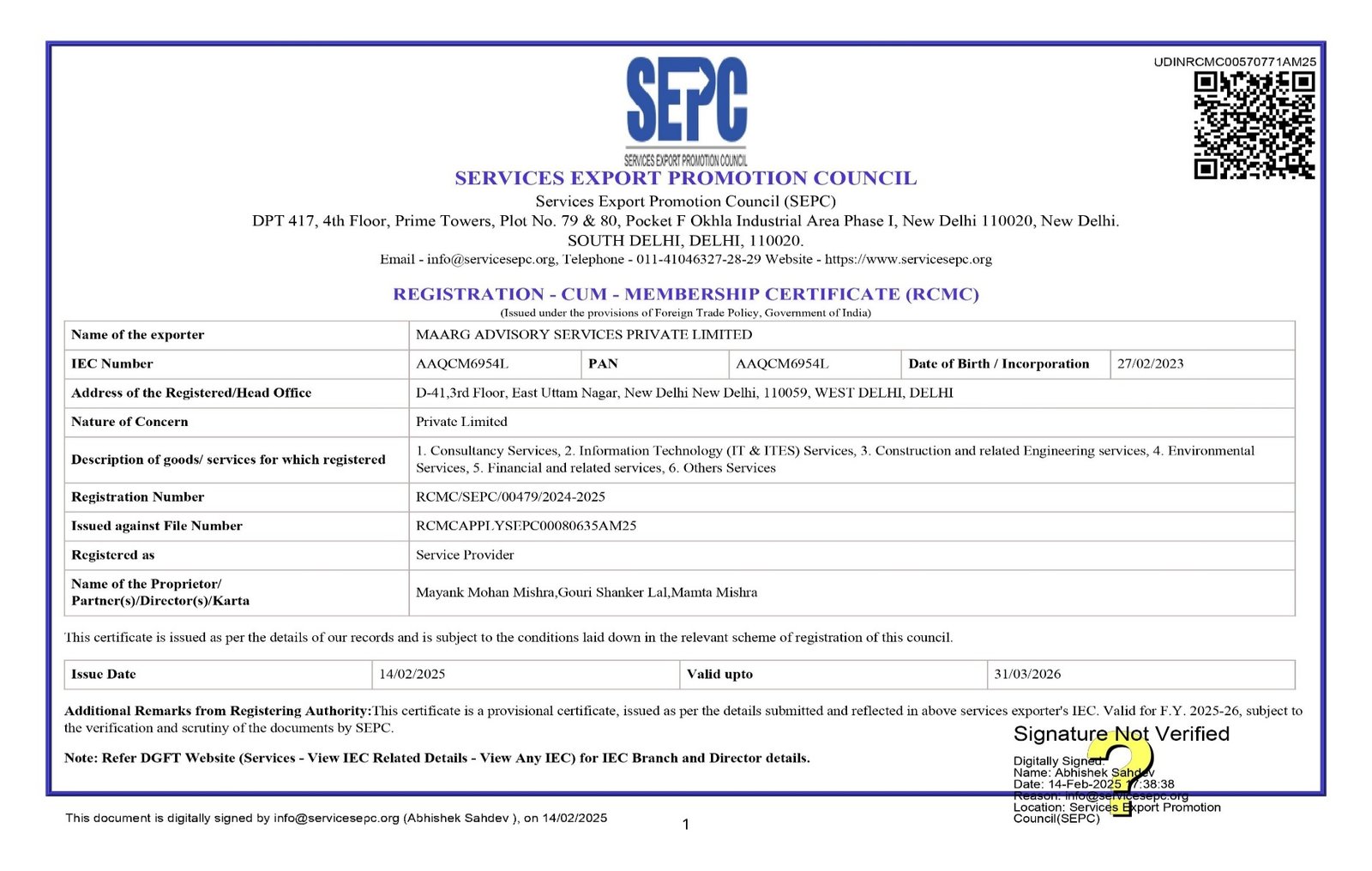 RCMC certificate issued by Services Export Promotion Council